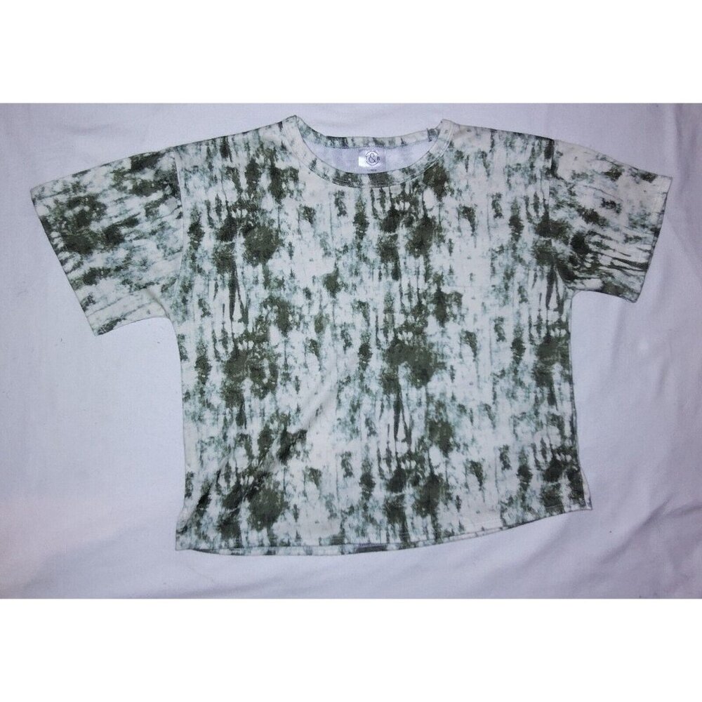 T&B T Shirt Size Large 10/12 Women Green Tie-dye Crop Top Tee Sleepwear